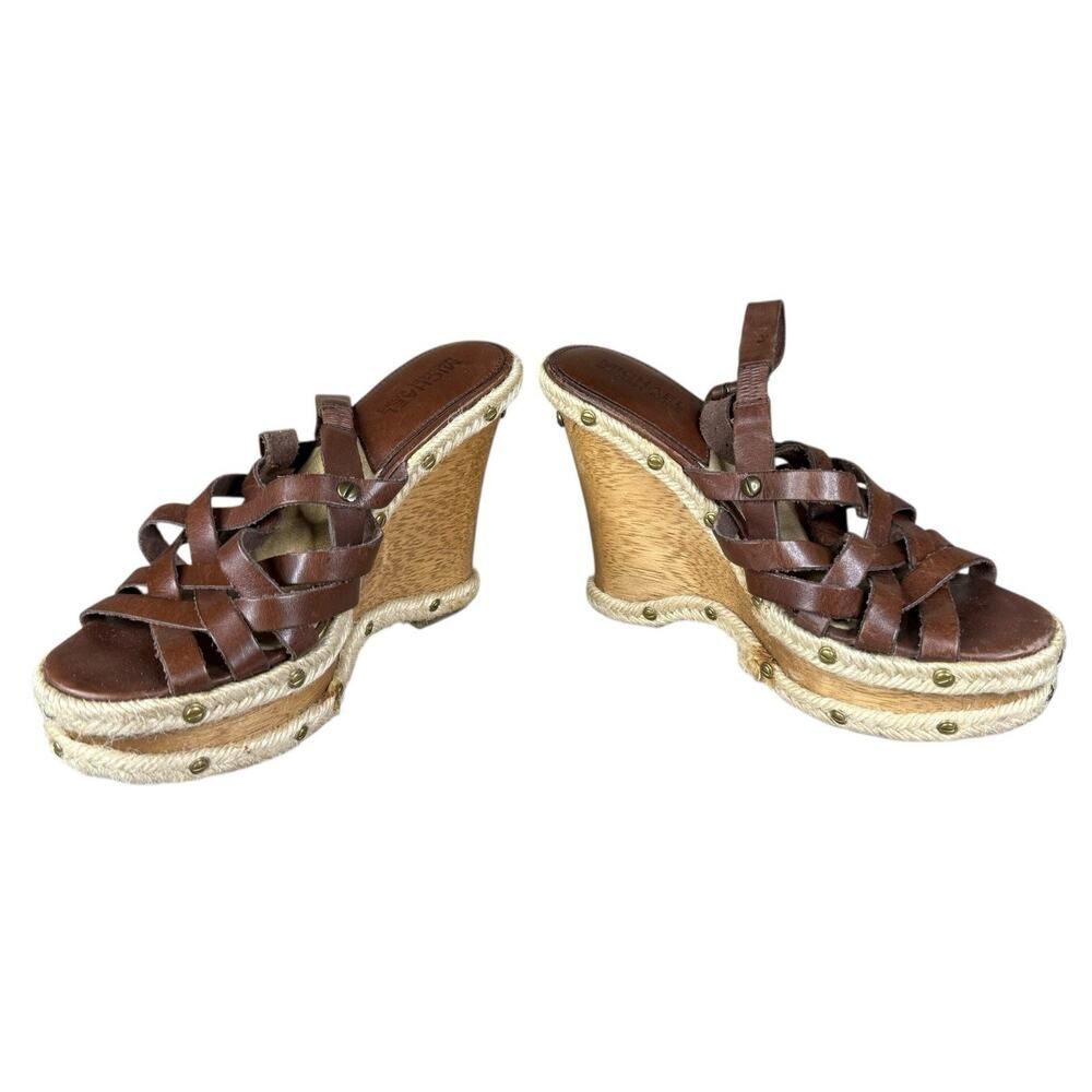 Michael Kors Y2K Brown Leather Studded Espadrille Wedge Sandals Size 6 - Picture 5 of 12